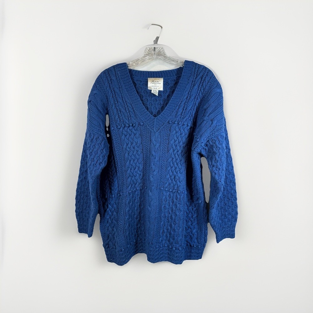 Express Cie Internationale Sweater Sz M Blue Handknitted Chunky Oversized Vtg